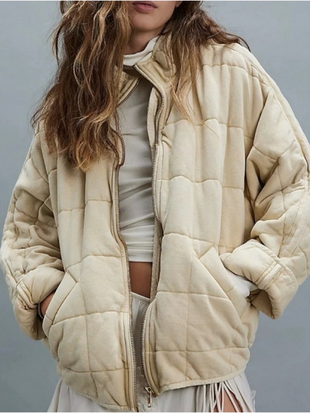 Free People Dolman Quilted Bomber Jacket in Vanilla Cream Size L